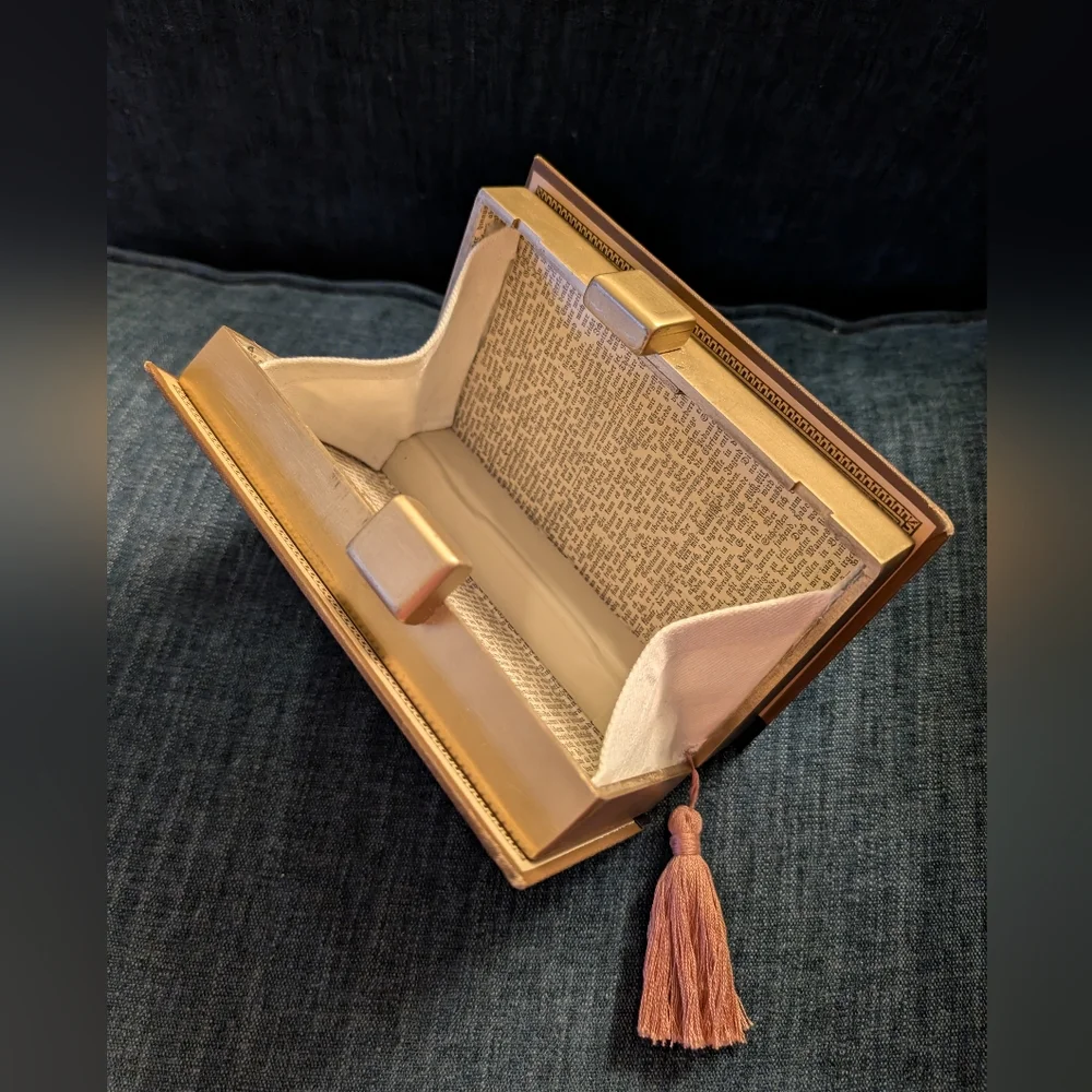Vintage Brown Hard Cover Book Clutch With Pink Tassel - Picture 4 of 10